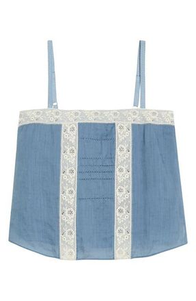 Veronica Beard Olivana Floral Lace Trim Chambray Top in Blue Steel at Nordstrom, Size 12