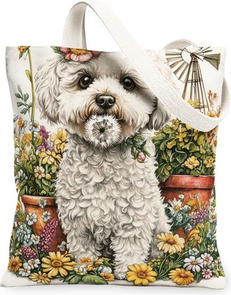 Generic Spring Bichon Frise Dog Canvas Tote Bag for Shopping 13x15, Farmhouse Country Puppy Reusable Grocery Print Bag for Women, Farm Pet Beach Aesthetic Pai