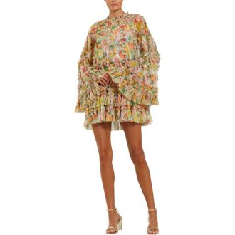 Mac Duggal Printed Mesh Ruffle High Neck Mini Dress in Ivory Multi at Nordstrom, Size 10