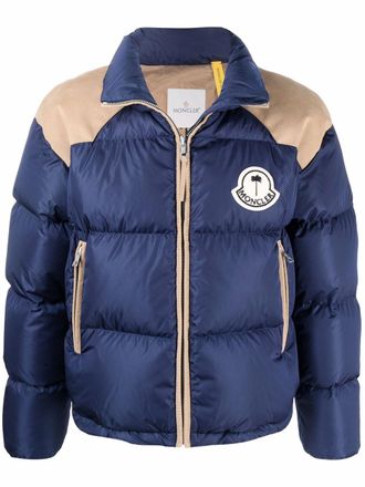 Palm Angels x Moncler logo-patch padded jacket - unisex - Cotton/Feather Down/Polyamide/Polyester - 46 - Blue