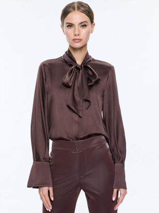 Alice & Olivia Lloyd Slit Sleeve Button Down Blouse In Espresso
