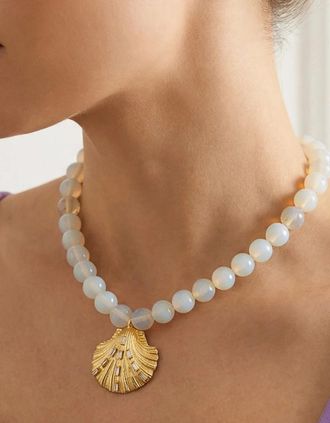 Oceanus Womens Islas Opal and Gold Shell Pendant Necklace - White