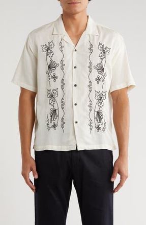 T.R. Premium Boxy Fit Floral Embroidered Camp Shirt in Flax at Nordstrom Rack, Size Xx-Large