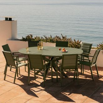 Sklum Set De Mesa 145-200x145 Cm Extensible Barces Y 8 Sillas De Jard&iacute;n Apilables Con Reposabrazos En Aluminio Karena Sklum