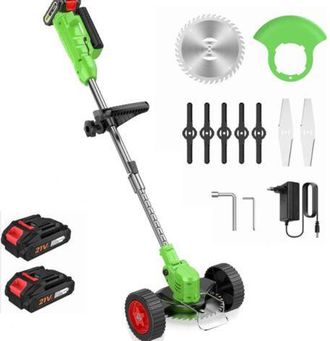 OEM Desbrozadora El&eacute;ctrica Inal&aacute;mbrica De 21 V, Recortadora Inal&aacute;mbrica Con 2 Bater&iacute;as Y 3 Tipos De Cuchillas, Ruedas Extra&iacute;bles, Altura Ajustable, Cortac