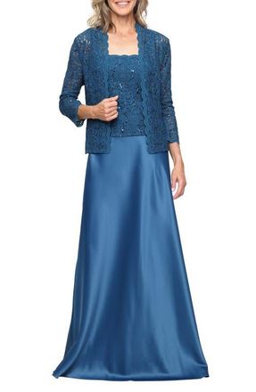 Alex Evenings Sequin Lace & Satin Gown with Jacket in Peacock at Nordstrom, Size 14