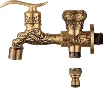 OEM Grifo De Cobre De Doble Salida Con Grabados De Drag&oacute;n, Estilo Antiguo, Ideal Para Ba&ntilde;o, Lavadora O Jard&iacute;n