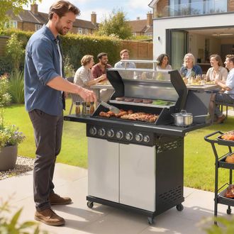 OUTSUNNY 6+1 Burner Gas BBQ Grill, Barbecue Grill with Warming Rack, Silver