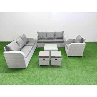 Fimous 9 Seater Poly Rattan Outdoor Garden Furniture Square Coffee Table Sofa Set Patio 3 Seater Sofa Reclining Chair 3 Seater Sofa Stools Side Table Light