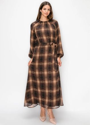 YAL New York Brown Check Belted Maxi Dress
