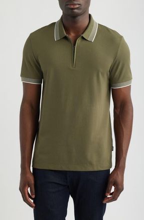 BOSS Paras Quarter Zip Cotton Polo in Olive Green at Nordstrom, Size Xx-Large