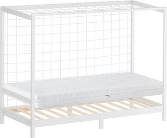 ML Design ML-Design Letto per Bambini 90x200 cm a Forma di Porta da Calcio e Pallamano con Materasso 16 cm, Letto Singolo in Pino Bianco con Rete a Doghe