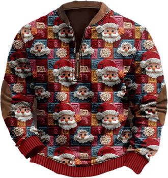 Generic Mens Christmas Jumpers UK, Fleece Lined Quarter Zip Jumper Men Funny Xmas Sweatshirt Jumpers Santa Claus Print Pullover Sweater Fleece Plush Tops Plus