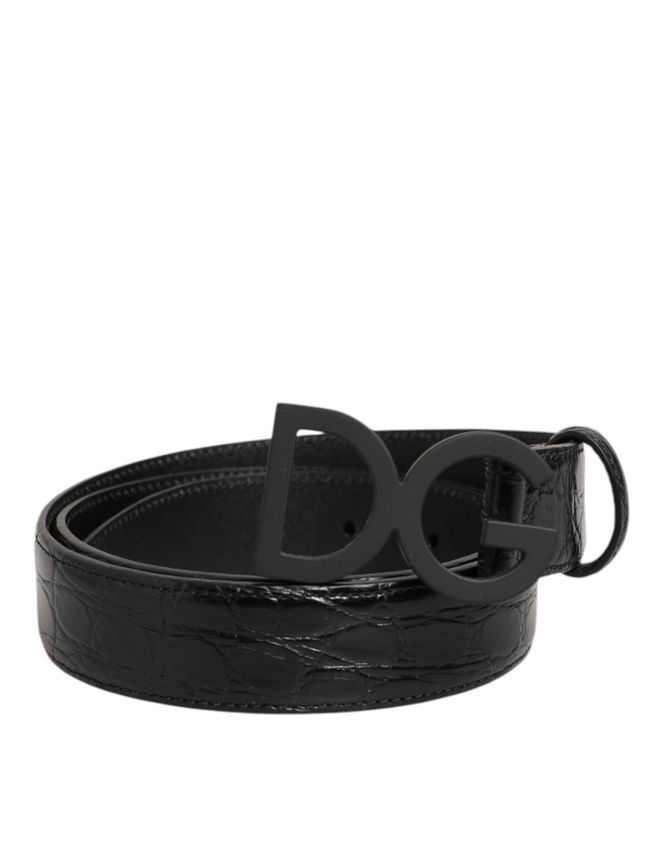 Crocodile Leather Logo Buckle Belt - Black