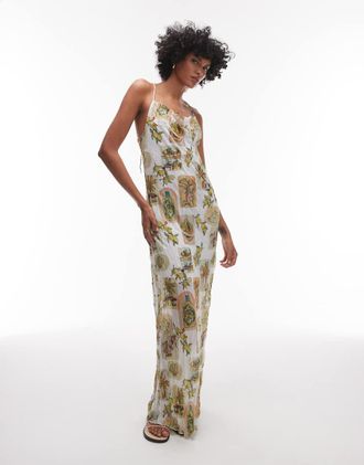 Topshop crinkle cowl neck post card floral print maxi dress-Multi