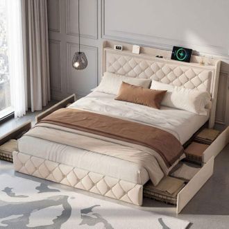 OEM Cama Doble 140x200 Cm - Tapizado En Terciopelo Beige - 4 Cajones Laterales - Cabecero Led Rgb + Usb Tipo-c - Somier De Madera Fsc Incluido