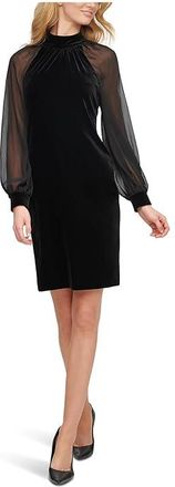 Calvin Klein Velvet Sheath Dress with Reglan Sheer Sleeves with Cuffs Womens Dress Black : 14, Polyester