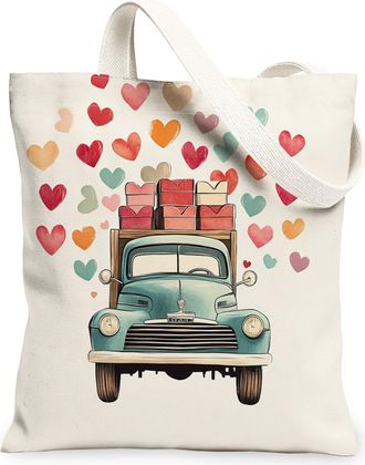 Generic Valentines Heart Canvas Tote Bags, Cute Love Pattern Reusable Bags, Vintage Lightweight Washable Shoulder Strap Canvas for Travel Shopping 13x15 Inch