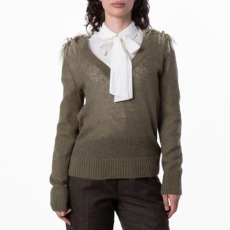 Burberry Wool Blend V-Neck Sweater With Shearling Detail, Size X-Small