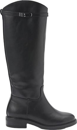 Kor&ouml;shi Flat High Top Boot in Black Leather Effect, Riding Style, with Decorative Buckle, Inner Zipper and Fur Effect Lining., Black/White, 8.5 UK