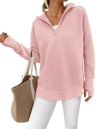 PrettyGarden Womens Long Sleeve Quarter Zip Pullover Sweater Casual Loose V Neck Collared Ribbed Knit Jumper Tops Thumb Hole, Pink, Small