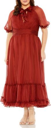 Mac Duggal Sheer Puff Sleeve Tea Length Gown in Redwood at Nordstrom, Size 20W