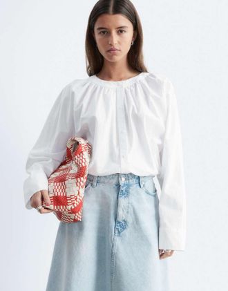 & Other Stories Blusa in popeline bianca con maniche a sbuffo-Bianco