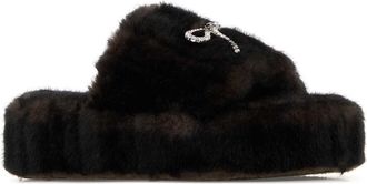 Balenciaga Womens Dark Brown Eco Fur Slippers Brown-Silver-Crystal Brown/silver/crystal Flat Shoes