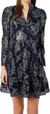 Sail to Sable Long Sleeve Tunic Flare Dress In Navy Metallic Jacquard