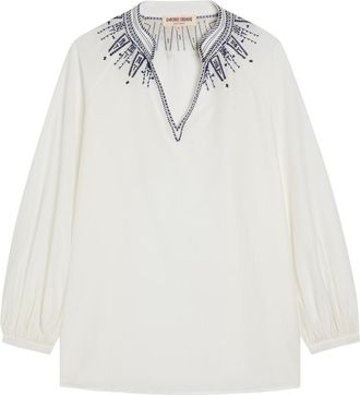 Emporio Sirenuse Illizia Embroidered Cotton-blend Blouse - White And Blue - 44 (UK12 / M)