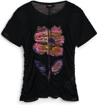 Desigual Floral Semi Sheer Tulle Crop T-Shirt in Black at Nordstrom Rack, Size X-Small