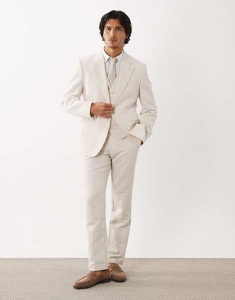 Asos Pantaloni da abito slim in twill di misto lino &eacute;cru-Bianco