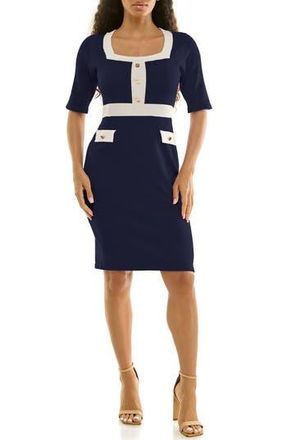 Nina Leonard Colorblock Square Neck Sweater Dress in Navy/Ivory at Nordstrom Rack, Size X-Large