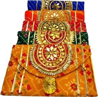 Generic Traditional Embroidered Fabric Clutch for Women Set of 5 | Ethnic Wedding & Festive Gift Envelope Bag | Zari Work Potli Style Clutch Purse | Multicolo