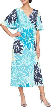 S.L. Fashions Floral Wrap Dress in Aqua at Nordstrom Rack, Size 18