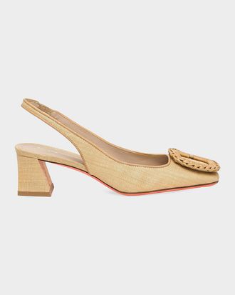 Santoni 50mm Lemon Raffia and Leather Slingback Pumps