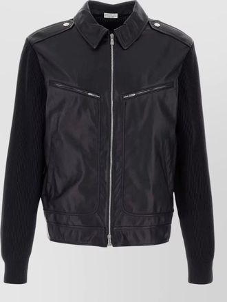 Brunello Cucinelli leather knit jacket collared neck epaulettes pockets