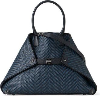 Akris Ai Small Plaid Braided Leather Top Handle Tote in Atlantic Black at Nordstrom