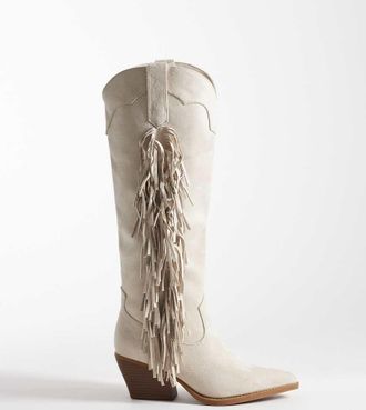 Glamorous Stivali al ginocchio con frange stile western in camoscio sintetico color crema-Bianco