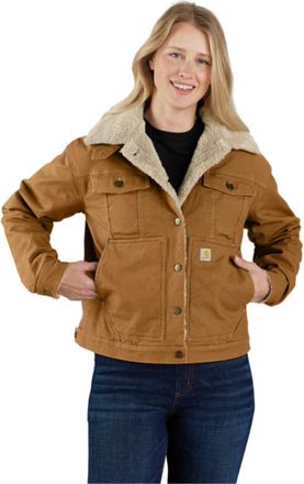 Carhartt Work in Progress Rugged Flex Trucker Jacket Womens Brown Sherpa Lined Loose Fit POSH187