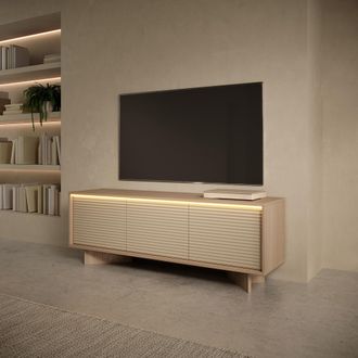 Dmora Mueble Para Tv Kamele, Un Estante, 3 Puertas, Efecto Estriado Con Led, 154x40x54h Cm, Marr&oacute;n Roble