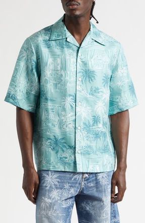 Amiri Chateau Sketch Silk Camp Shirt in Ceramic Teal at Nordstrom, Size Xx-Large