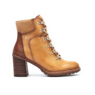 Pikolinos Stijlvolle leren enkellaarzen - Dames - Laarzen met Hak - Bruin - 41 EU - Leer - Schoenen