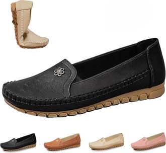 Generic Stylish Orthopedic Leather Shoes, All-Day Comfort for Women, Lightweight, Anti-Slip, Breathable Flat-Soled Shoes with Flower (Black,4.5)