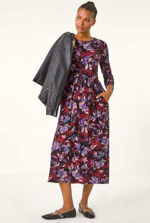 Roman Floral Print Gathered Stretch Midi Dress