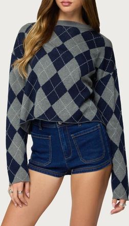 Edikted Prep Argyle Crop Cotton Sweater in Dark-Gray-Melange at Nordstrom, Size X-Small