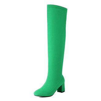 Generic Womens Fashion Stretch Knitted Over The Knee Boots Round Toe Block Heel Pull On Winter Dress Shoes (5.5,Green)