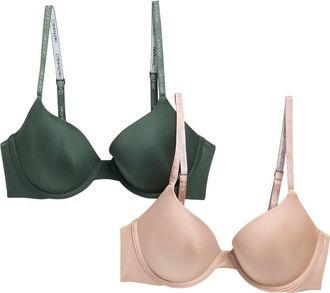 Calvin Klein Motive Shine 2-Pack Underwire Lightly Lined Demi Bra in Green/Beige at Nordstrom Rack, Size 38B