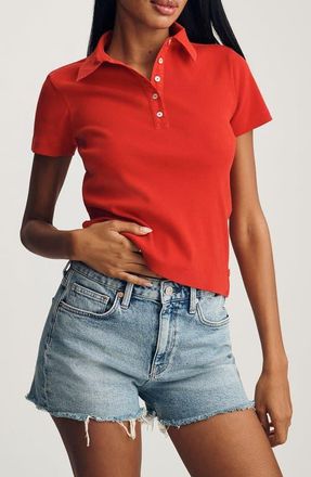 Mavi Crop Stretch Cotton Rib Polo T-Shirt in Red at Nordstrom, Size Medium