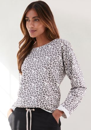 Lascana Sweatshirt LASCANA, Damen, Gr. 32/34, beige (beige, schwarz), Sweatware, Obermaterial: 60% Baumwolle, 40% Polyester, bedruckt, gemustert, bequem kurz,